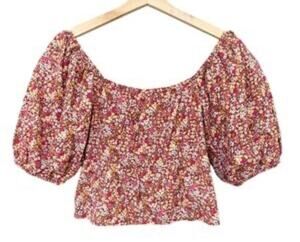 Sim & Sam Cottagecore Red Floral Puff Sleeve Crop Top 100% Cotton Boho Large